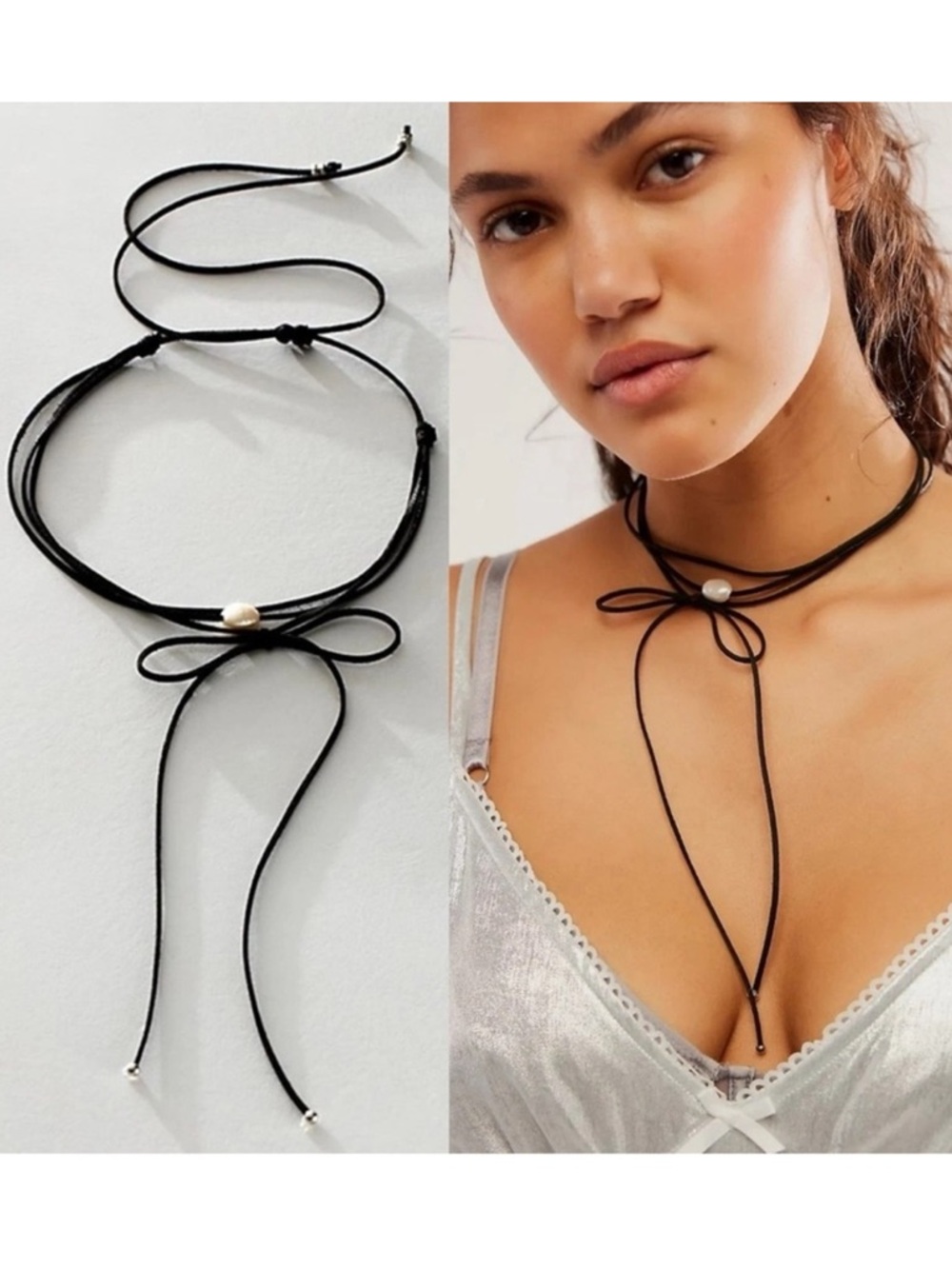 Free People Coquette Pearl Bow Choker in Black One Size NWT